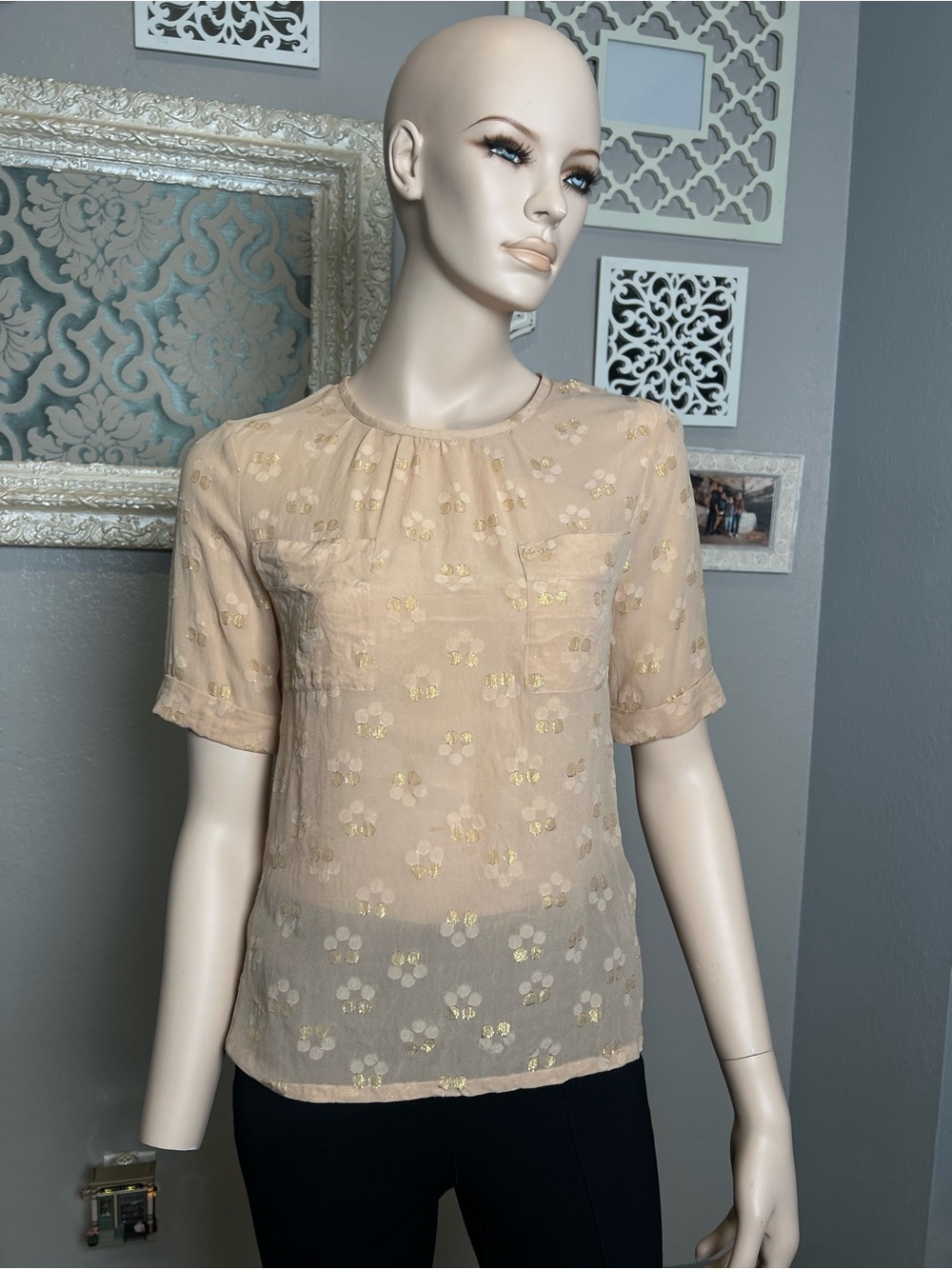Sheer Floral Short-Sleeve Blouse - Beige